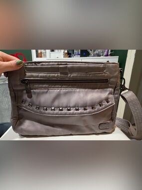 lug Gray Crossbody Cosmetic Pouch with Stud Accent